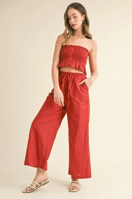 Rust Linen Smocked Strapless Top With Ankle Pants