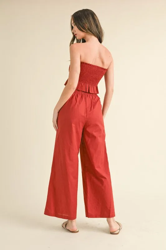 Rust Linen Smocked Strapless Top With Ankle Pants