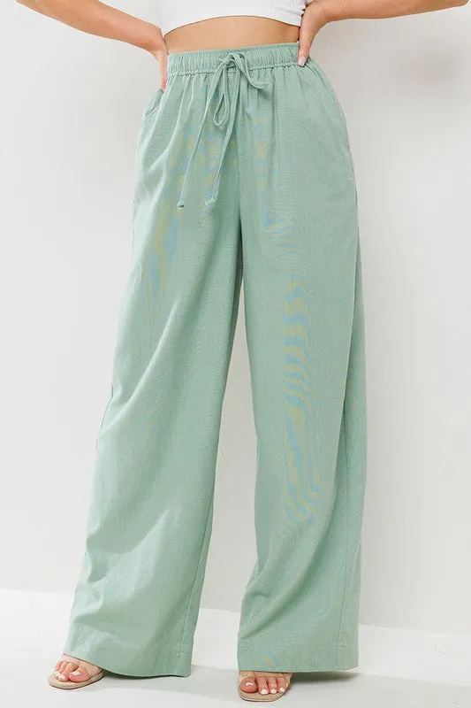 Sage Solid Straight Pants With Elastic Waist Band