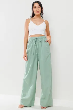 Sage Solid Straight Pants With Elastic Waist Band