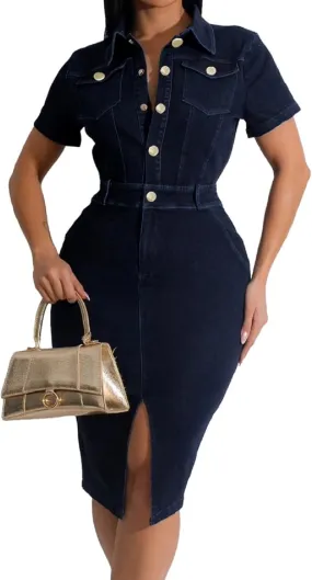 SeNight Women Denim Dresses Elegant Sexy Short Sleeve Jean Party Dress
