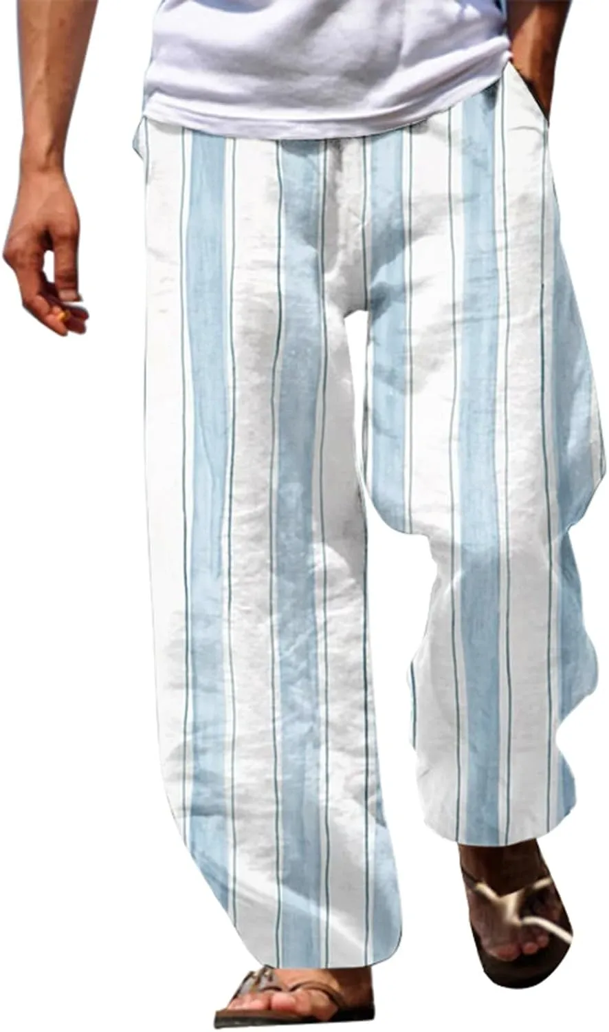 Striped Linen Pants Men Straight Legs Elastic Waist Drawstring Long Pants Lightweight Breathable Yoga Beach Trousers