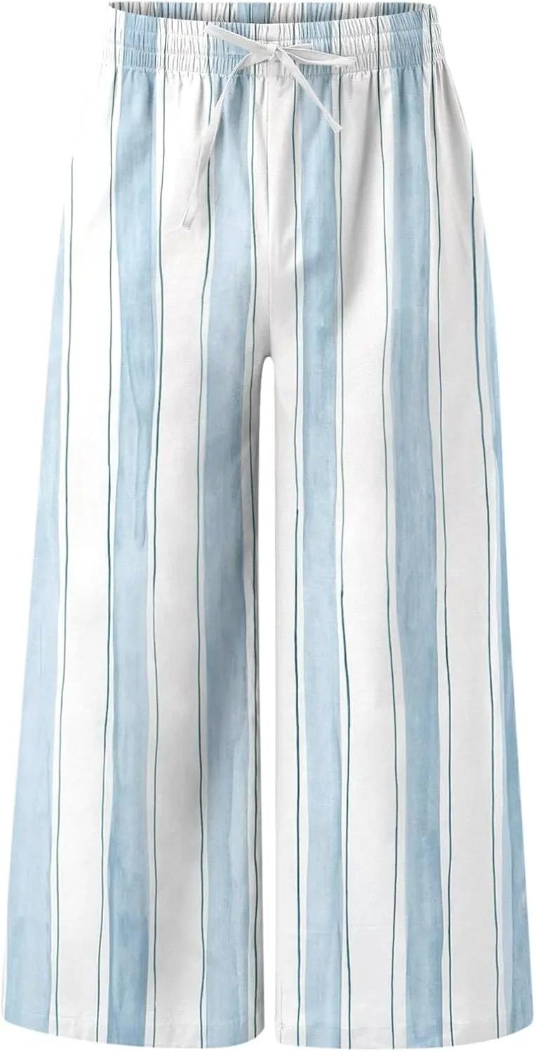 Striped Linen Pants Men Straight Legs Elastic Waist Drawstring Long Pants Lightweight Breathable Yoga Beach Trousers