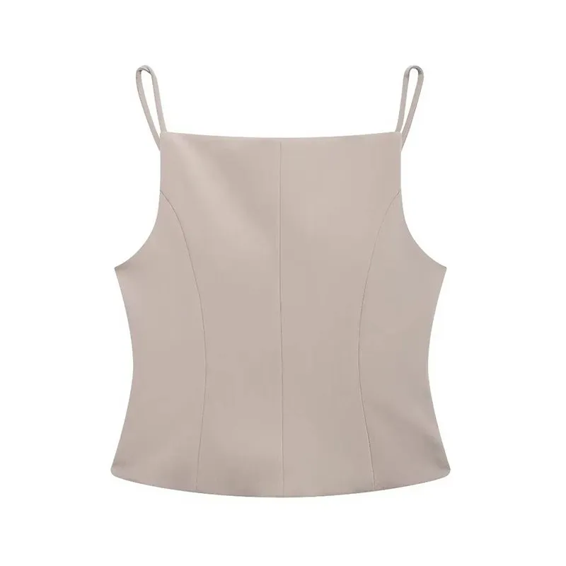 Structured Beige Top Sleeveless Blouse for Networking Events