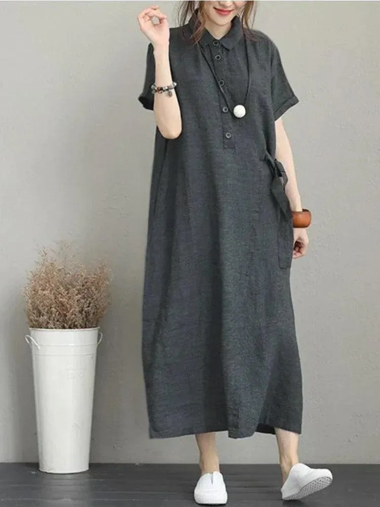 Summer Lapel Dress: Vintage Breathable Cotton Linen Outfit