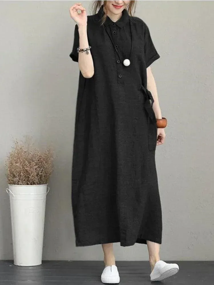 Summer Lapel Dress: Vintage Breathable Cotton Linen Outfit