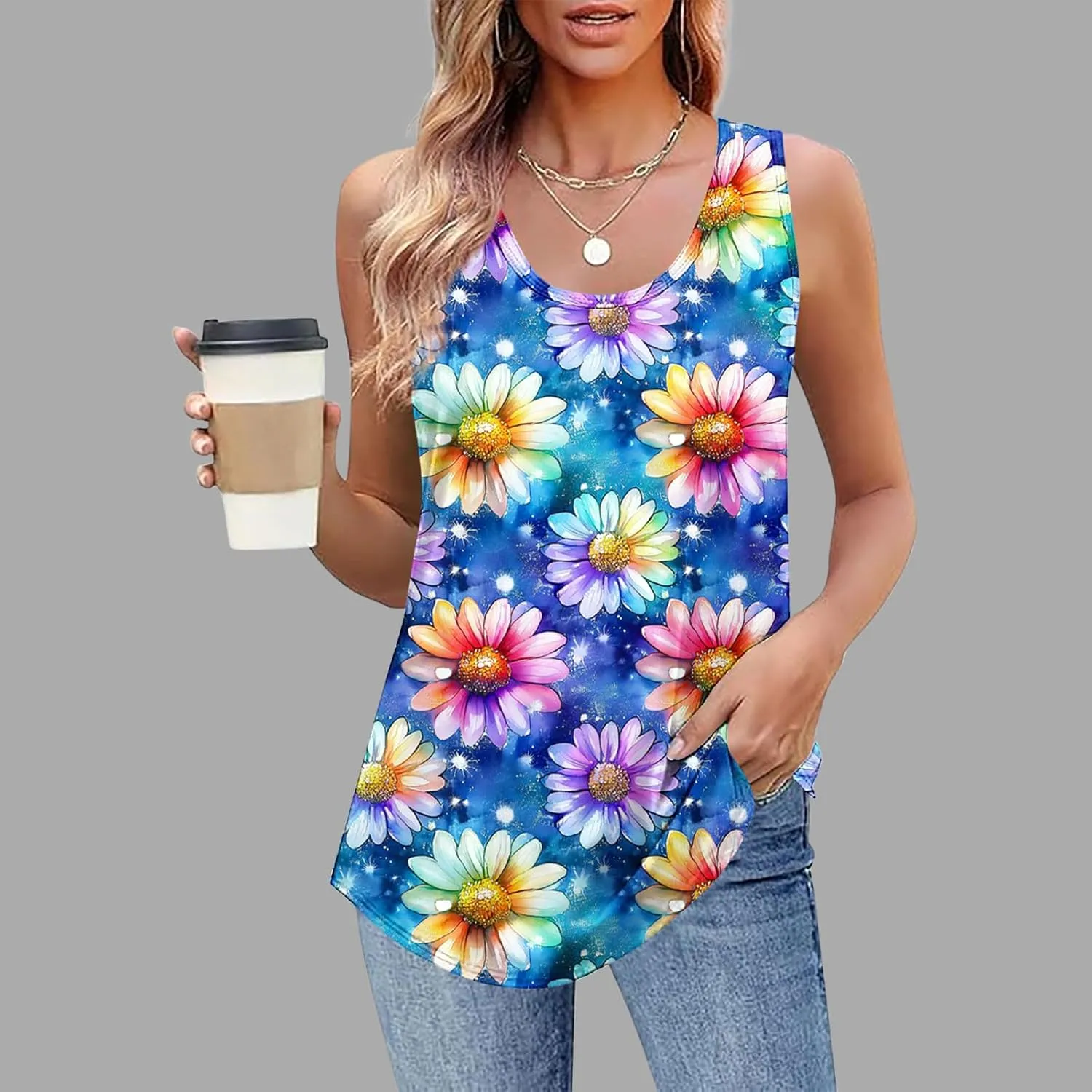 Summer Tank Tops for Women 2025 Printed V Neck Sleeveless Casual Tunic Camisole Soft Beach Vacation Dressy Tank Top