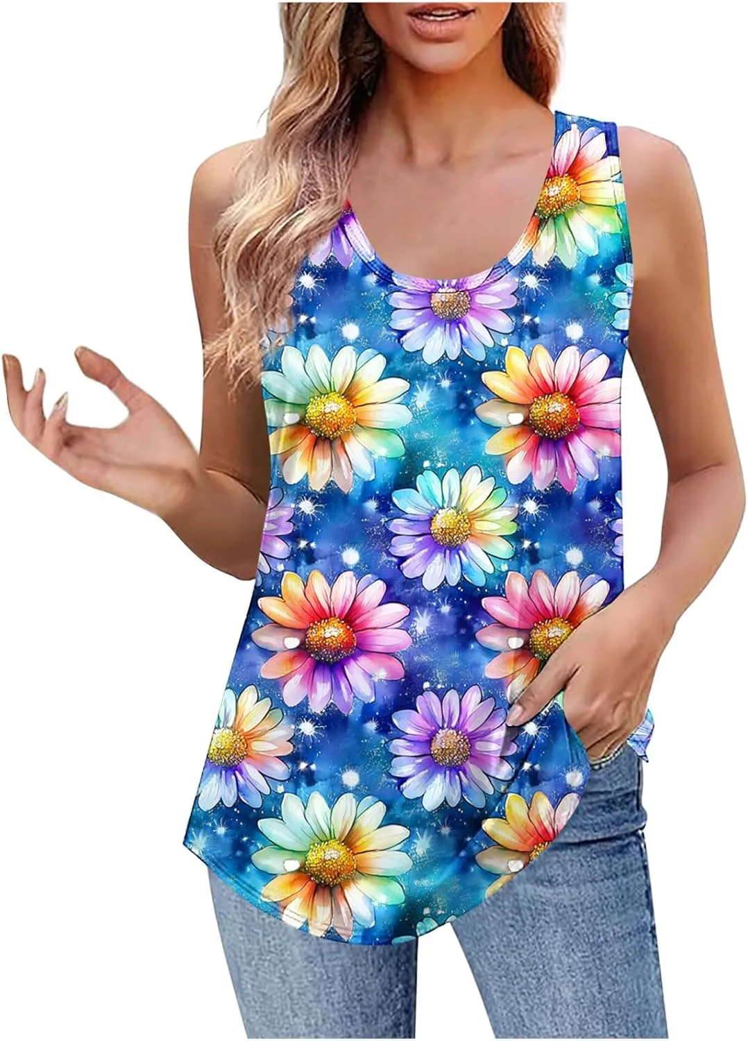 Summer Tank Tops for Women 2025 Printed V Neck Sleeveless Casual Tunic Camisole Soft Beach Vacation Dressy Tank Top