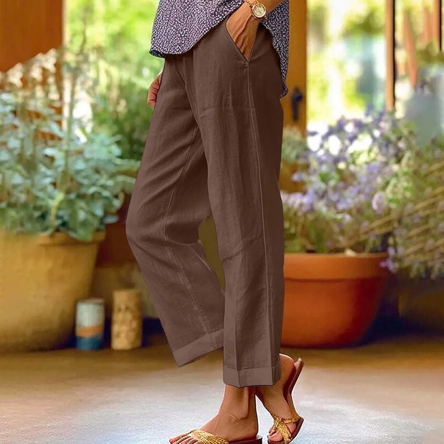 TANGNADE Women Cotton Linen Pants with Pockets Plus Size Summer Casual Lounge Pant Comfy Elastic Waist Straight Trouser
