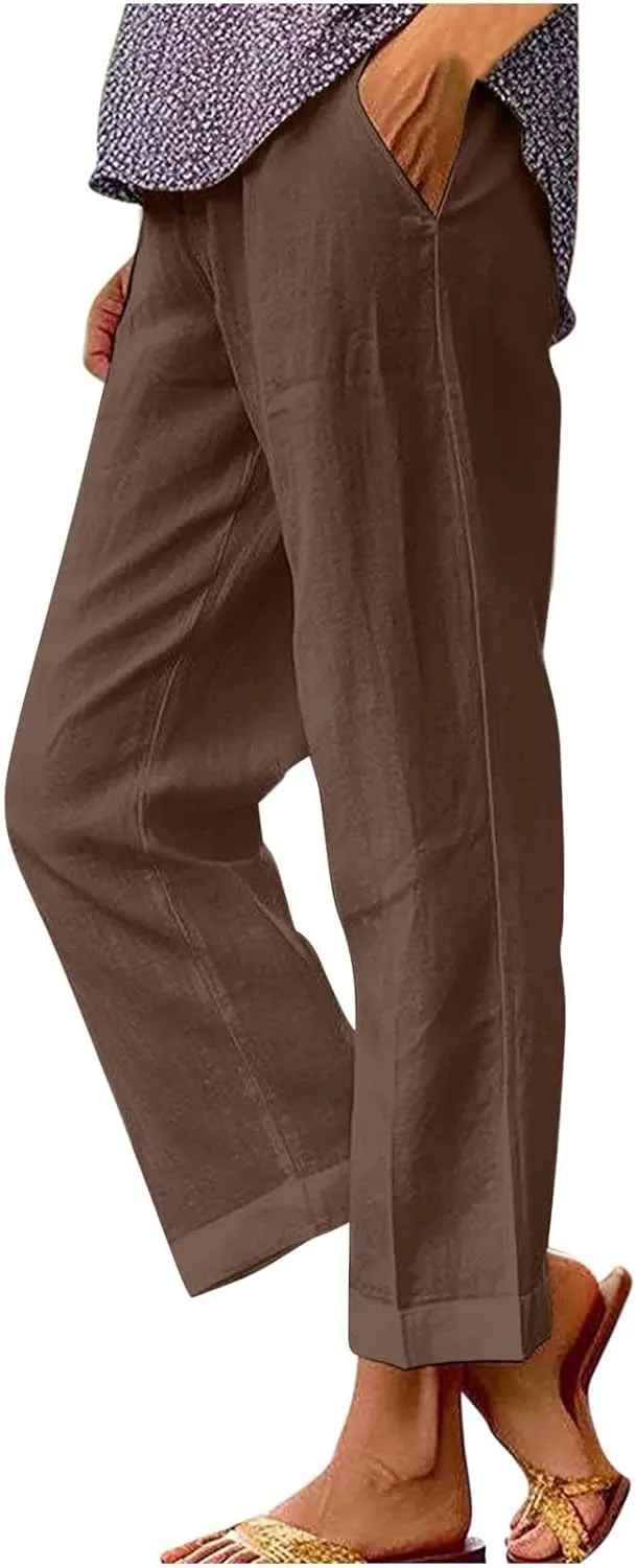 TANGNADE Women Cotton Linen Pants with Pockets Plus Size Summer Casual Lounge Pant Comfy Elastic Waist Straight Trouser