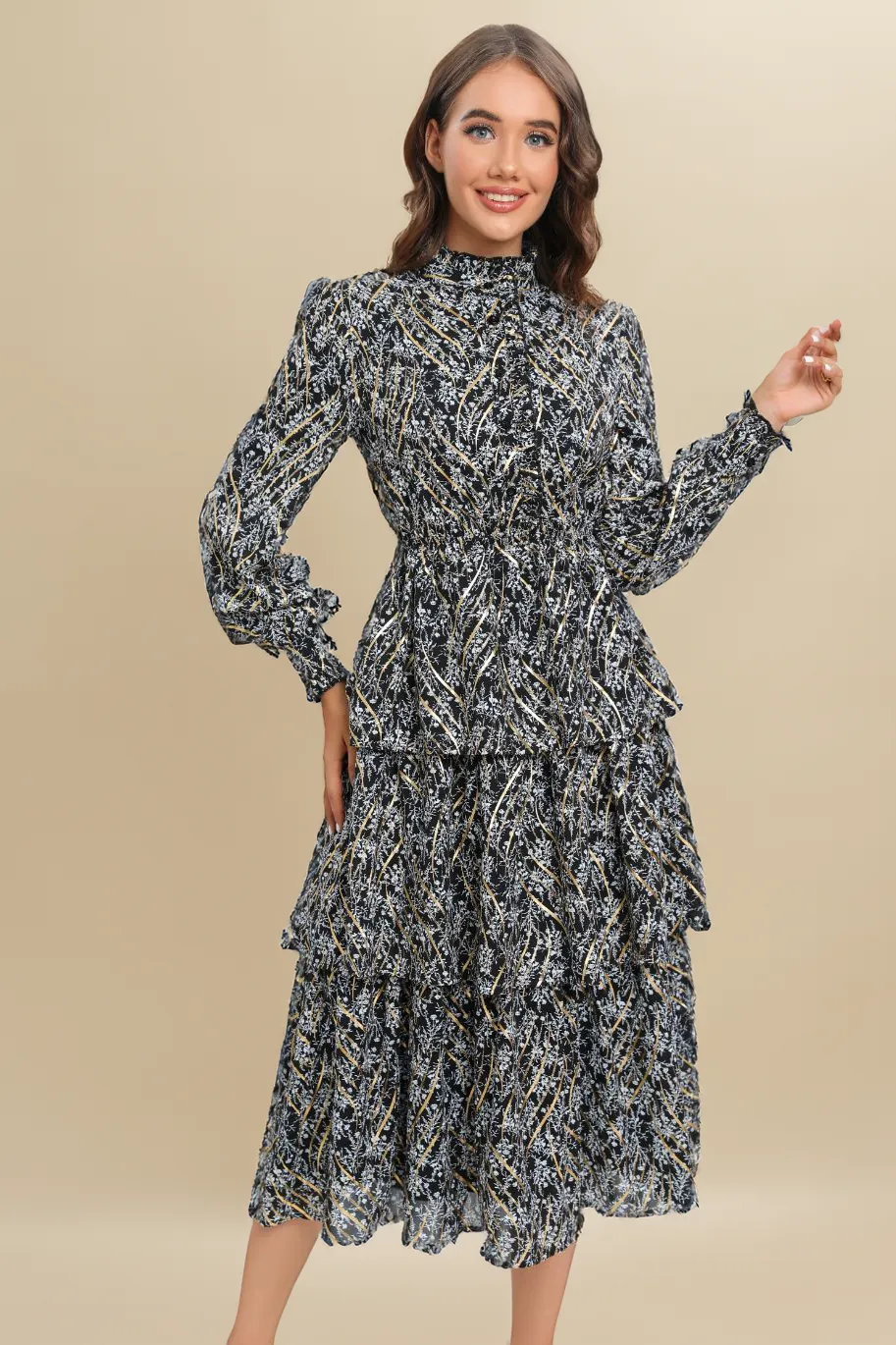 Tiered Gold Foliage Midi Dress שמלה