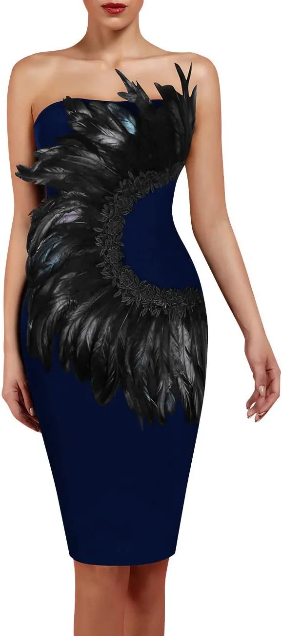 UONBOX Women's Elegant Strapless Feather Fashion Bodycon Bandage Tube Dress