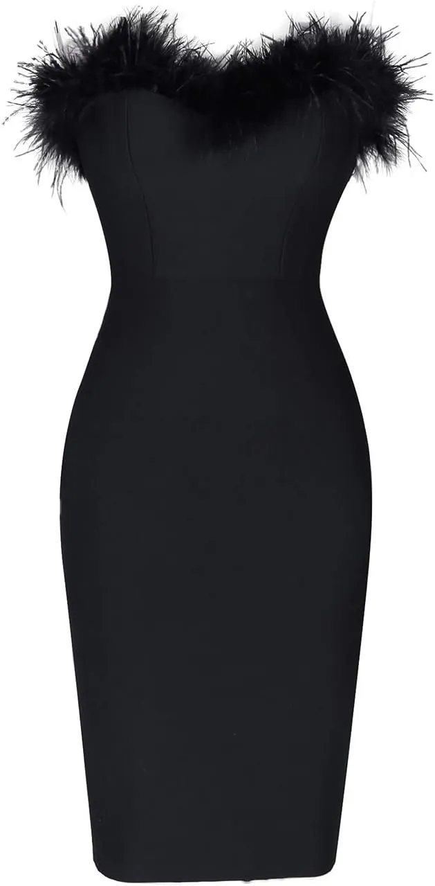 UONBOX Women's Elegant Strapless Feather Fashion Bodycon Bandage Tube Dress
