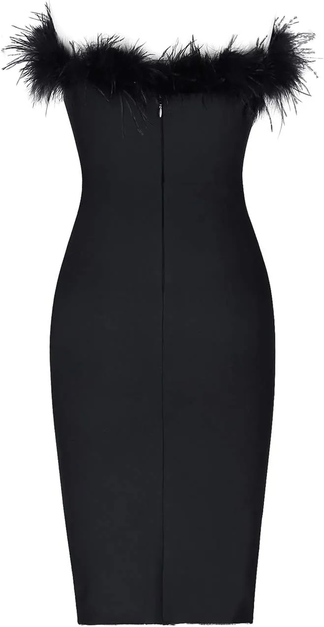 UONBOX Women's Elegant Strapless Feather Fashion Bodycon Bandage Tube Dress