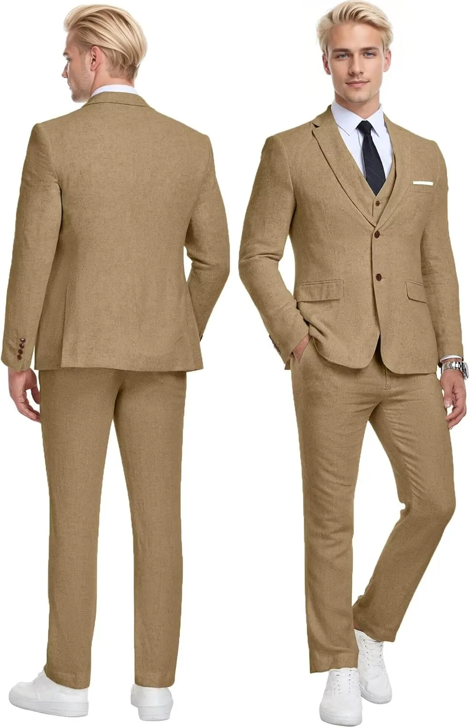 Wehilion Retro Linen Men Suit Beach Wedding Suit Summer Slim Fit 3 Pieces Light Weight Linen Suit Jacket Vest Pant Tuxedo