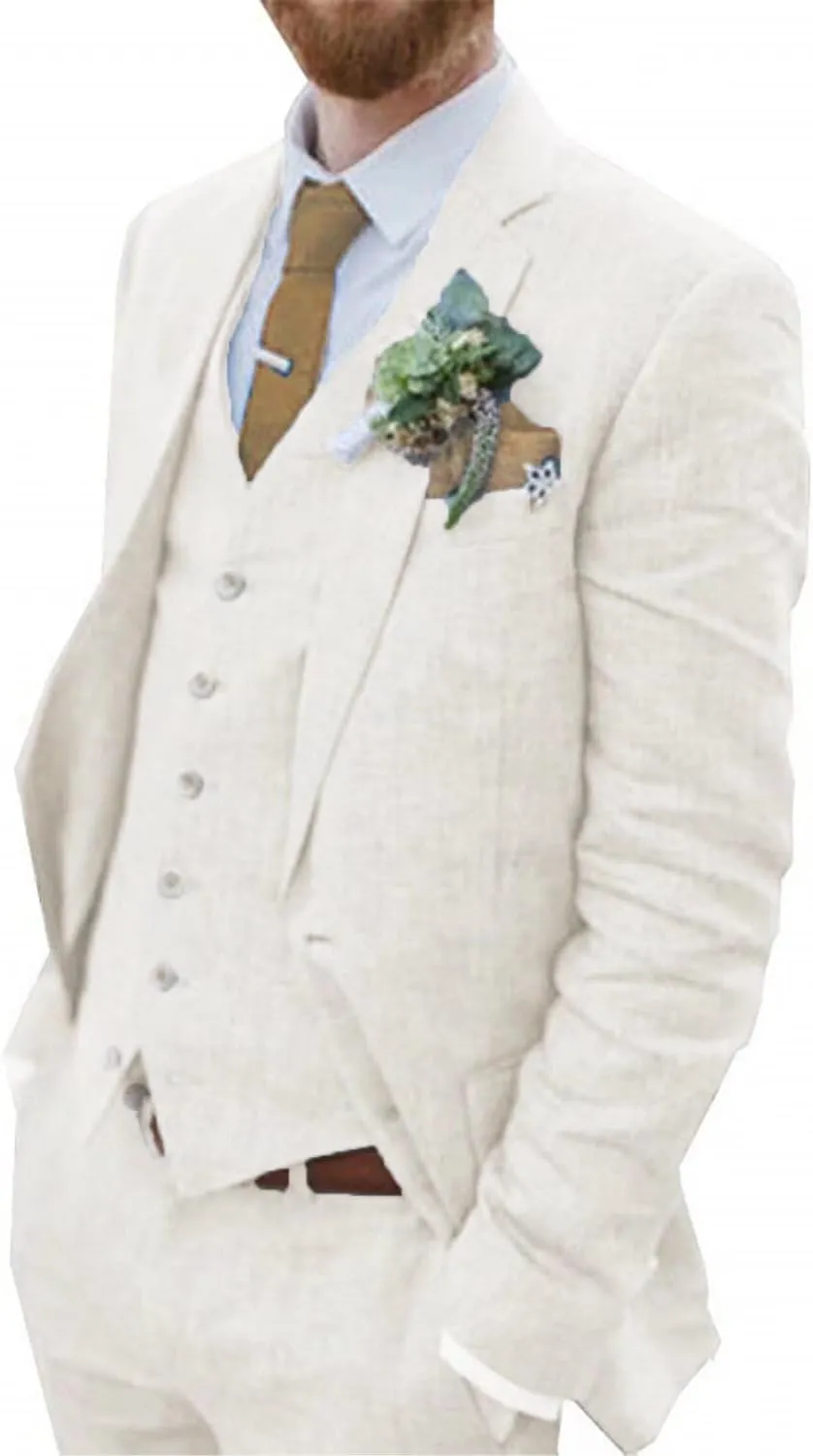 Wehilion Retro Linen Men Suit Beach Wedding Suit Summer Slim Fit 3 Pieces Light Weight Linen Suit Jacket Vest Pant Tuxedo