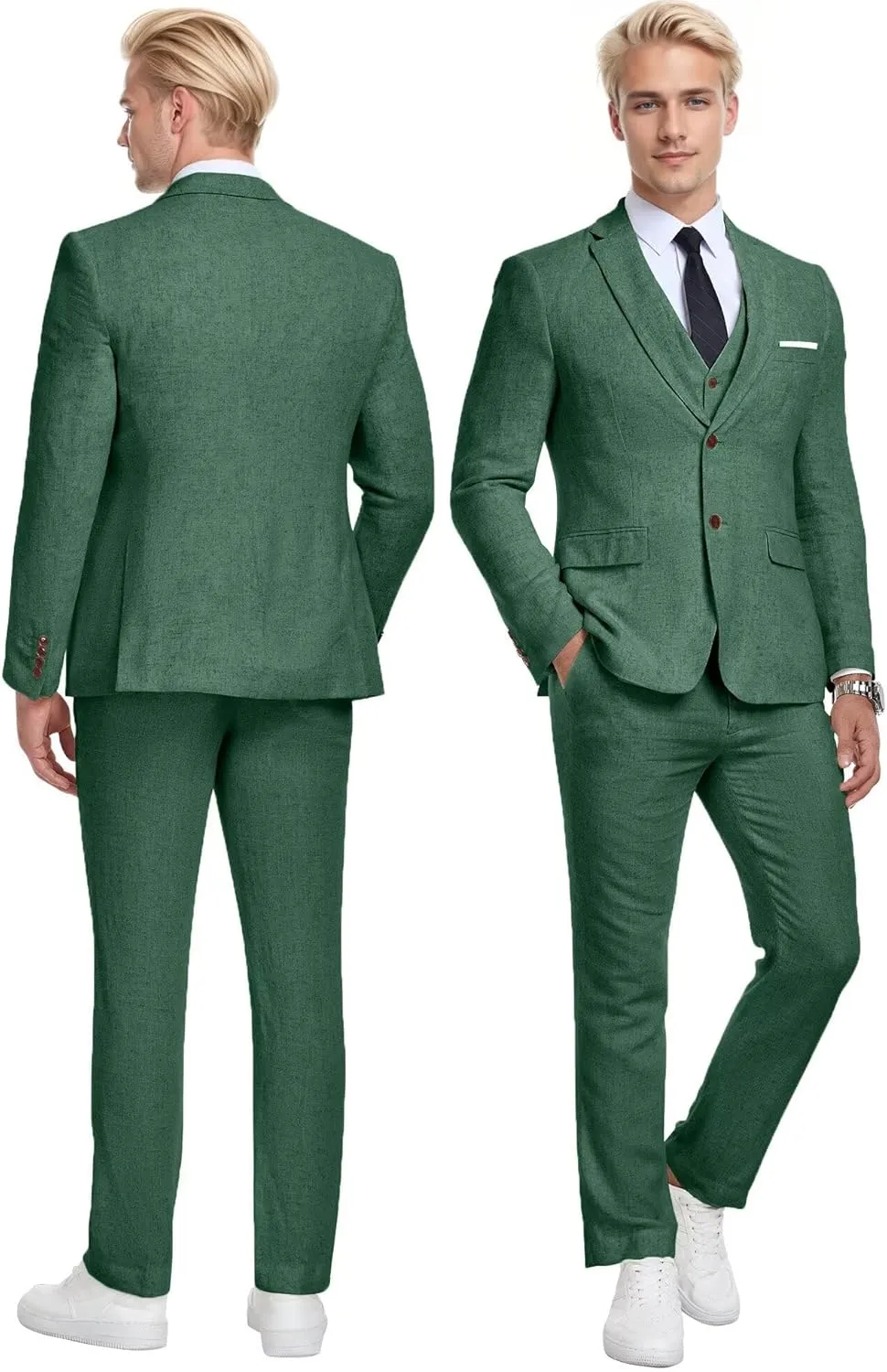 Wehilion Retro Linen Men Suit Beach Wedding Suit Summer Slim Fit 3 Pieces Light Weight Linen Suit Jacket Vest Pant Tuxedo