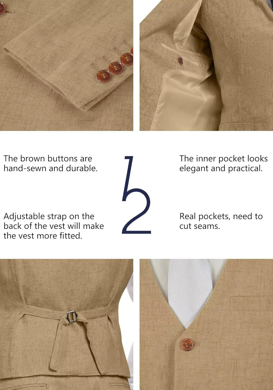 Wehilion Retro Linen Men Suit Beach Wedding Suit Summer Slim Fit 3 Pieces Light Weight Linen Suit Jacket Vest Pant Tuxedo