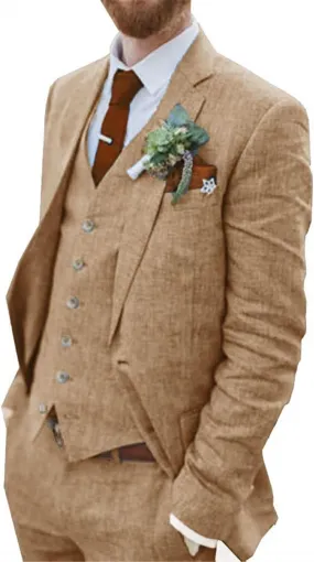 Wehilion Retro Linen Men Suit Beach Wedding Suit Summer Slim Fit 3 Pieces Light Weight Linen Suit Jacket Vest Pant Tuxedo