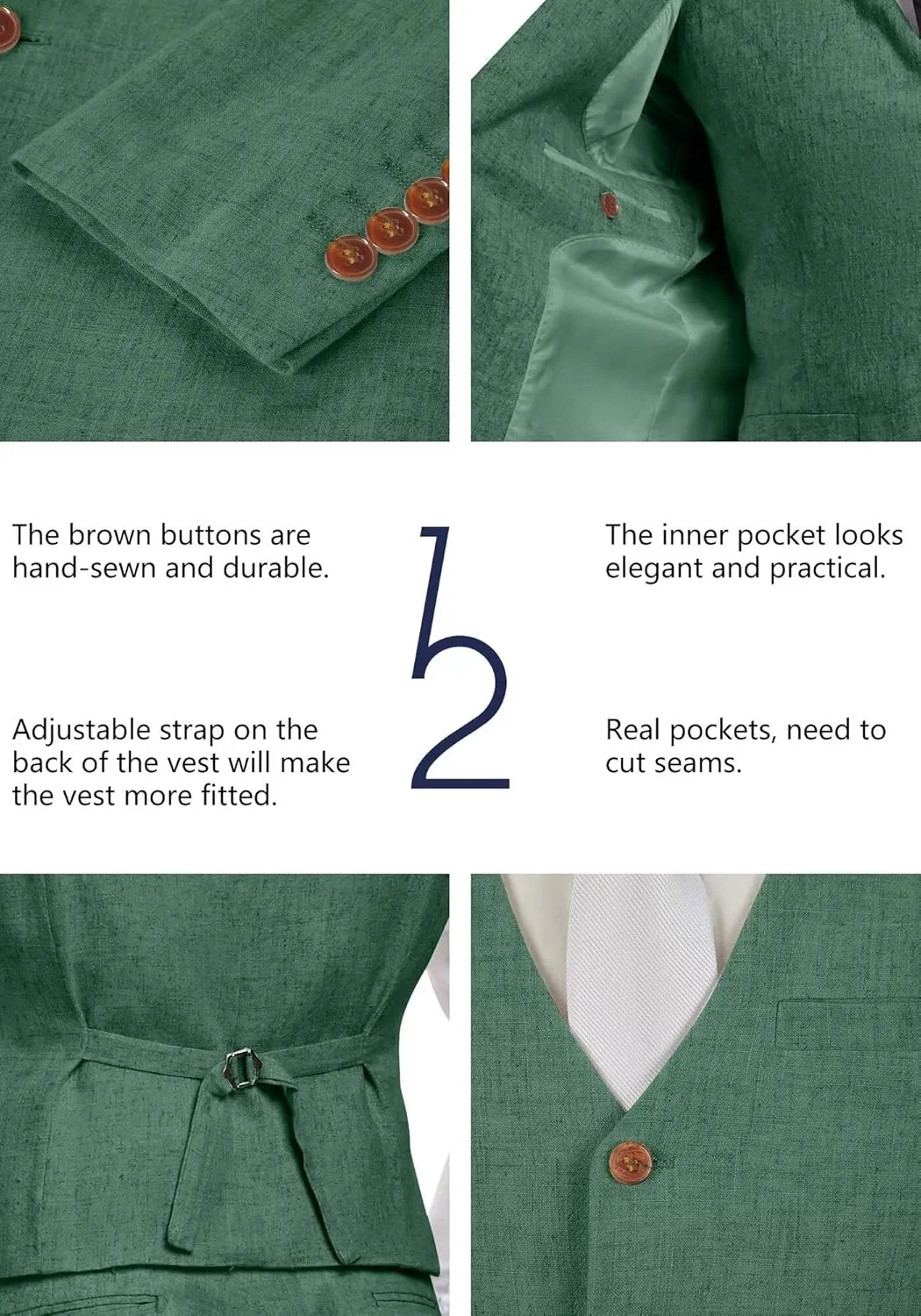 Wehilion Retro Linen Men Suit Beach Wedding Suit Summer Slim Fit 3 Pieces Light Weight Linen Suit Jacket Vest Pant Tuxedo