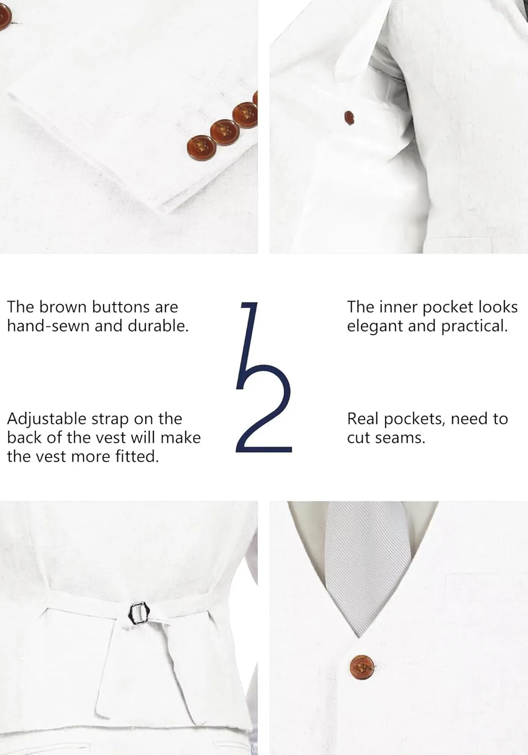 Wehilion Retro Linen Men Suit Beach Wedding Suit Summer Slim Fit 3 Pieces Light Weight Linen Suit Jacket Vest Pant Tuxedo