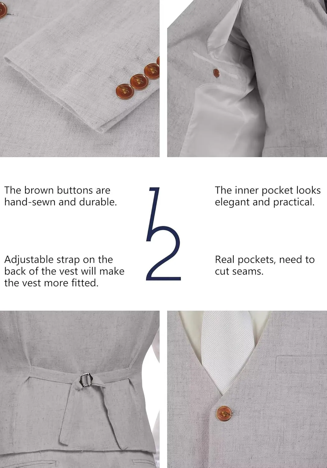 Wehilion Retro Linen Men Suit Beach Wedding Suit Summer Slim Fit 3 Pieces Light Weight Linen Suit Jacket Vest Pant Tuxedo