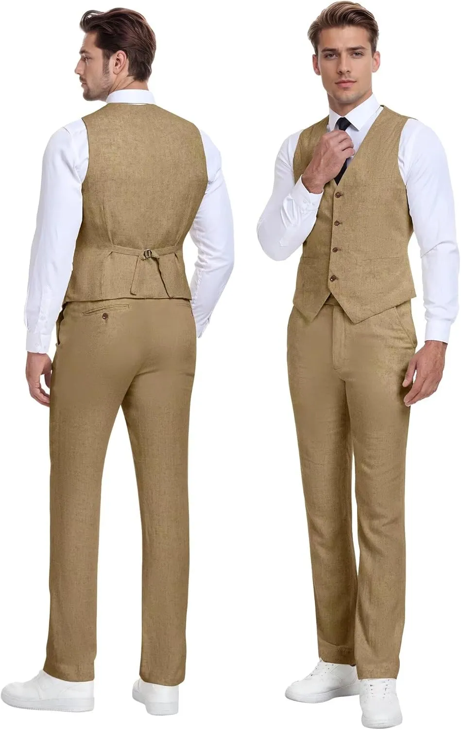 Wehilion Retro Linen Men Suit Beach Wedding Suit Summer Slim Fit 3 Pieces Light Weight Linen Suit Jacket Vest Pant Tuxedo