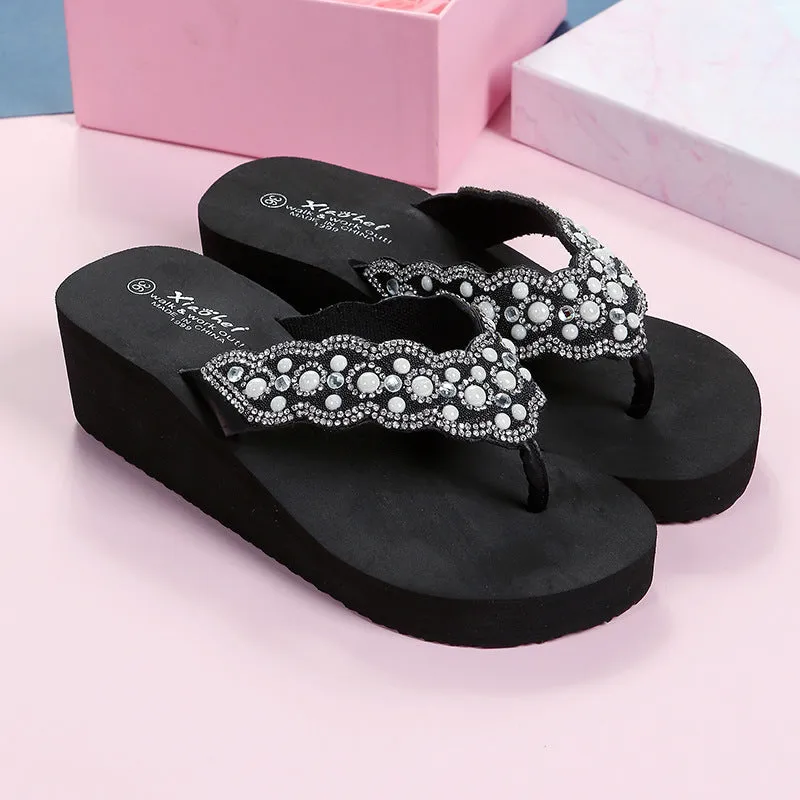 Wholesale Breathable Pearl Outdoor Wedge Heel Flip Flops