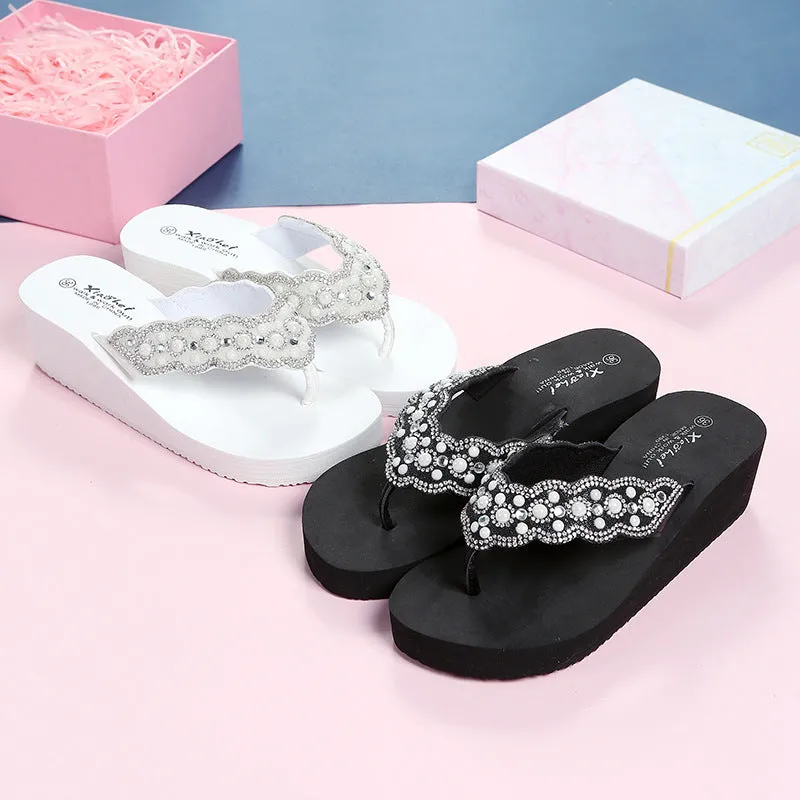 Wholesale Breathable Pearl Outdoor Wedge Heel Flip Flops