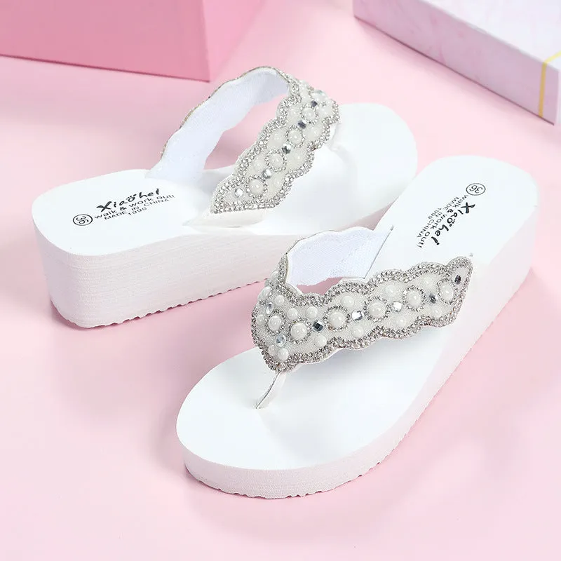 Wholesale Breathable Pearl Outdoor Wedge Heel Flip Flops