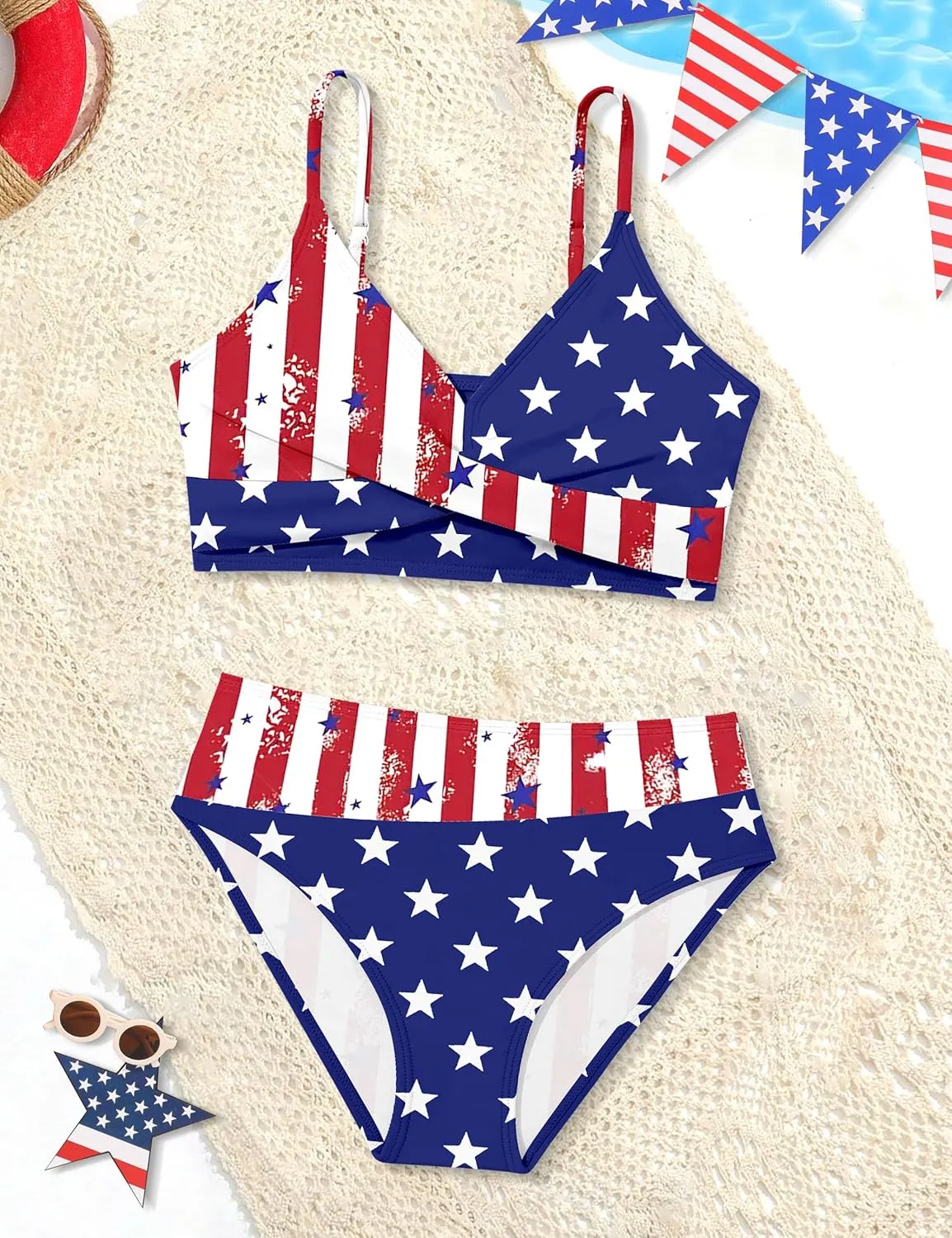 WIQI Girls Swimsuit Bikini Set 2 Piece Bathing Suits Color Block Criss Cross Swimwear Size 9-16
