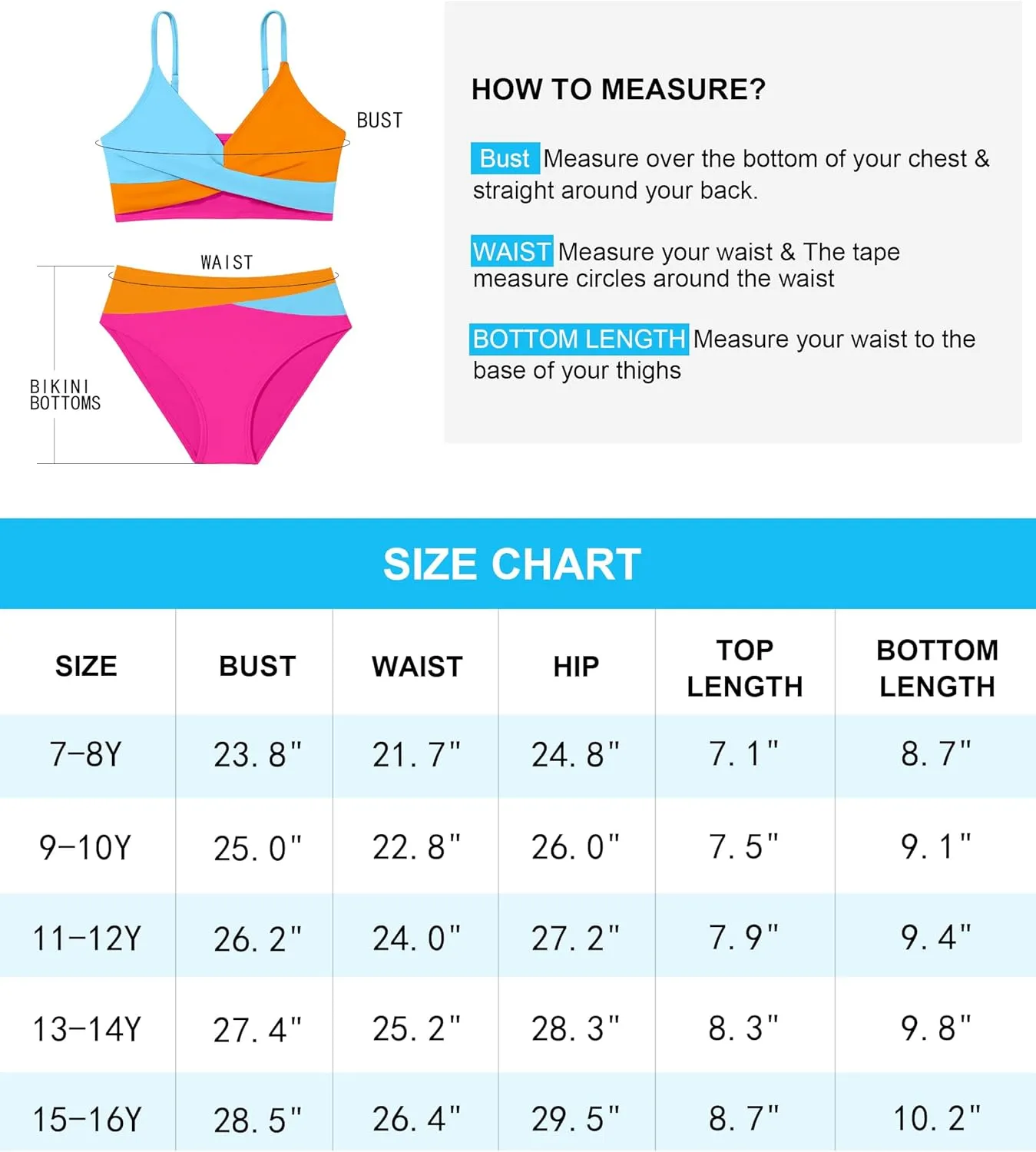 WIQI Girls Swimsuit Bikini Set 2 Piece Bathing Suits Color Block Criss Cross Swimwear Size 9-16