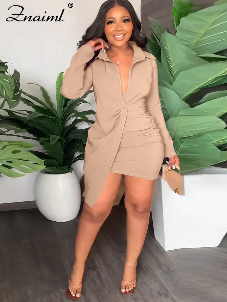 Women Elegant Blouse Style Shirt Dress Long Sleeve Wrap Mini Dresses
