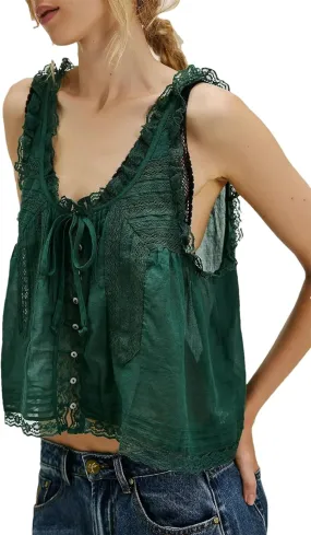 Women Summer Boho Beach Wear 100% Cotton Splicing Lace Shirts Loose Casual Sleeveless Tank Tops