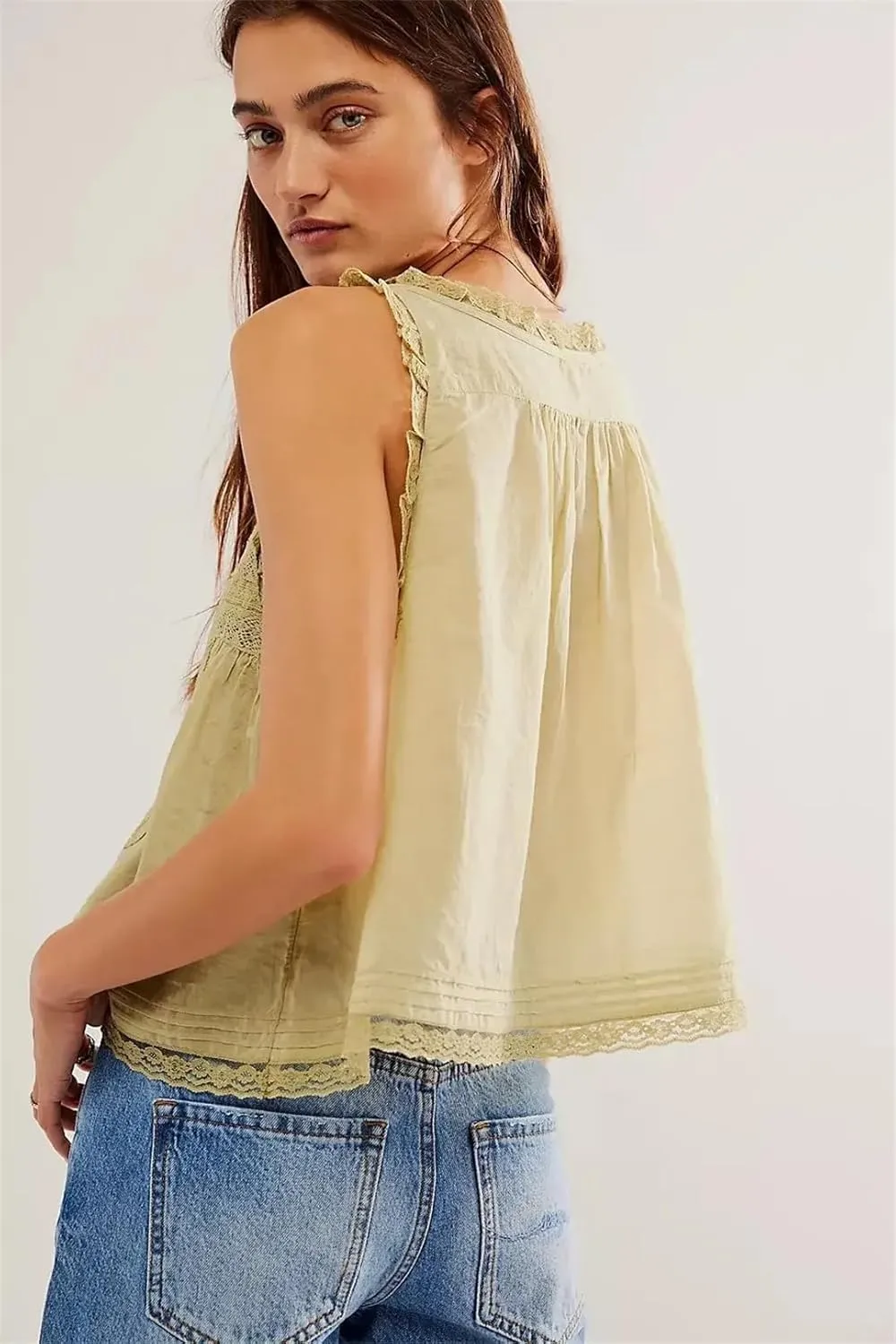 Women Summer Boho Beach Wear 100% Cotton Splicing Lace Shirts Loose Casual Sleeveless Tank Tops