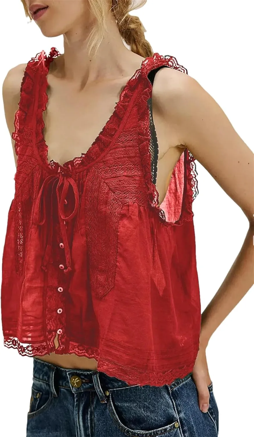 Women Summer Boho Beach Wear 100% Cotton Splicing Lace Shirts Loose Casual Sleeveless Tank Tops