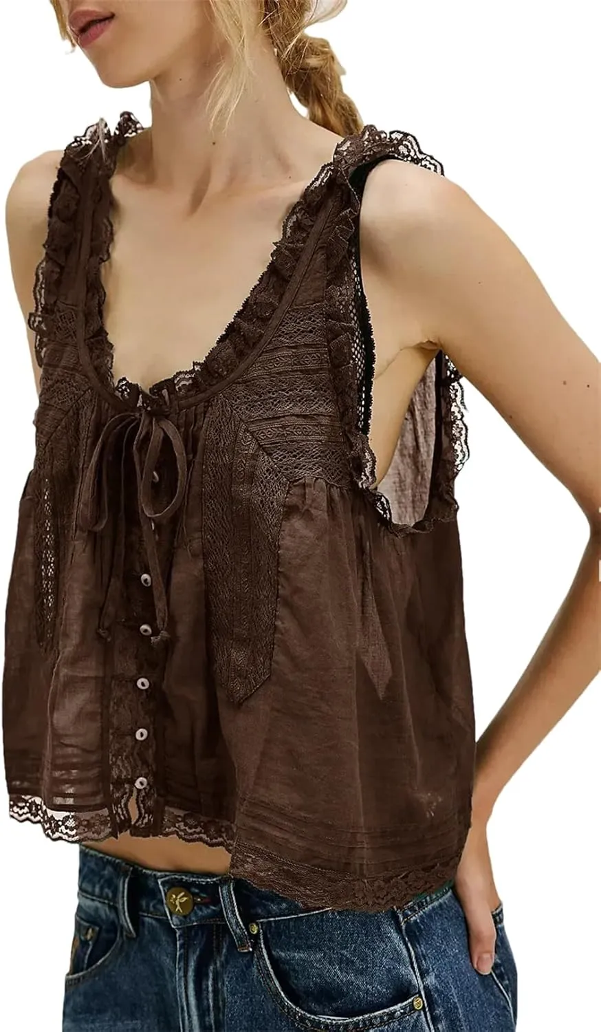 Women Summer Boho Beach Wear 100% Cotton Splicing Lace Shirts Loose Casual Sleeveless Tank Tops