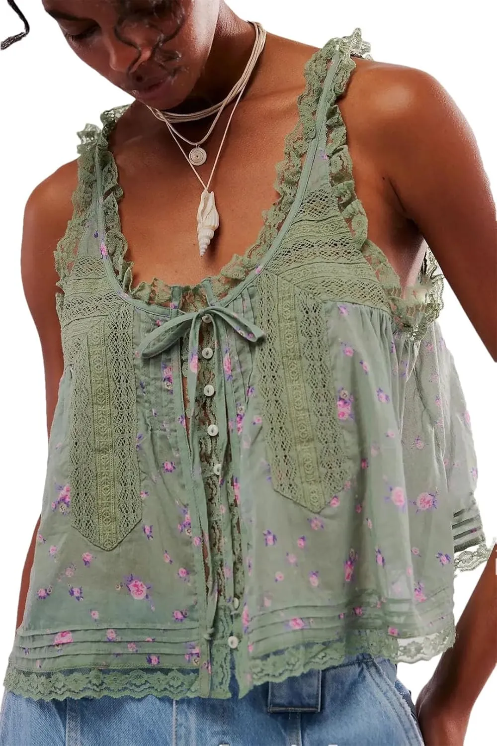 Women Summer Boho Beach Wear 100% Cotton Splicing Lace Shirts Loose Casual Sleeveless Tank Tops
