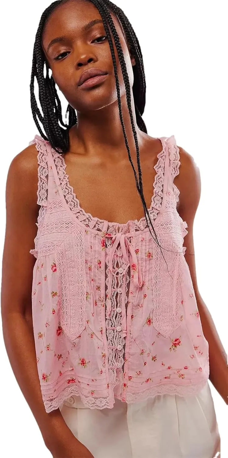 Women Summer Boho Beach Wear 100% Cotton Splicing Lace Shirts Loose Casual Sleeveless Tank Tops