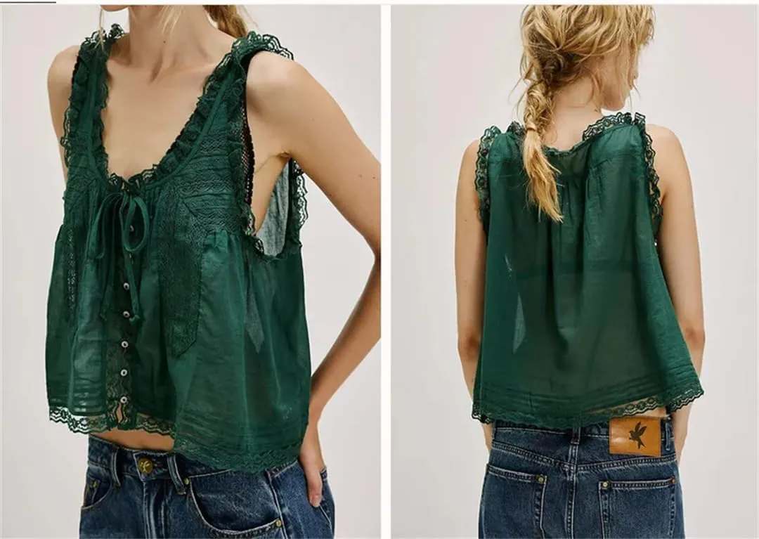 Women Summer Boho Beach Wear 100% Cotton Splicing Lace Shirts Loose Casual Sleeveless Tank Tops