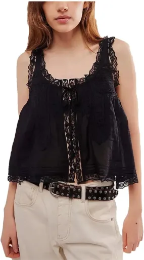Women Summer Boho Beach Wear 100% Cotton Splicing Lace Shirts Loose Casual Sleeveless Tank Tops