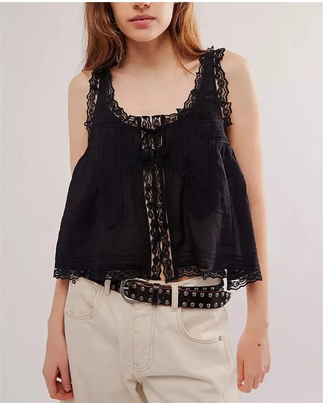 Women Summer Boho Beach Wear 100% Cotton Splicing Lace Shirts Loose Casual Sleeveless Tank Tops
