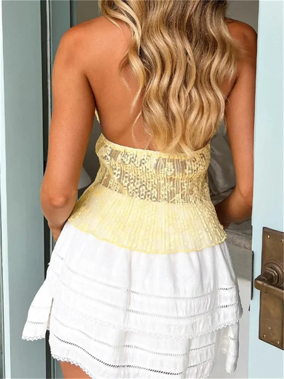 Women Tank Tops Lace Front Split Tie-Up Halter Slim Casual Vest Summer Backless Sleeveless Vest