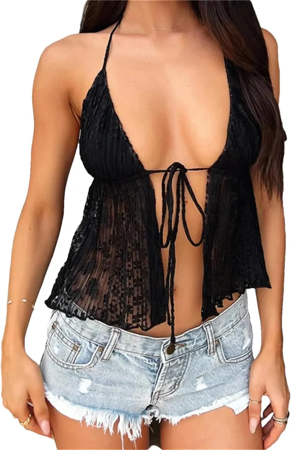 Women Tank Tops Lace Front Split Tie-Up Halter Slim Casual Vest Summer Backless Sleeveless Vest