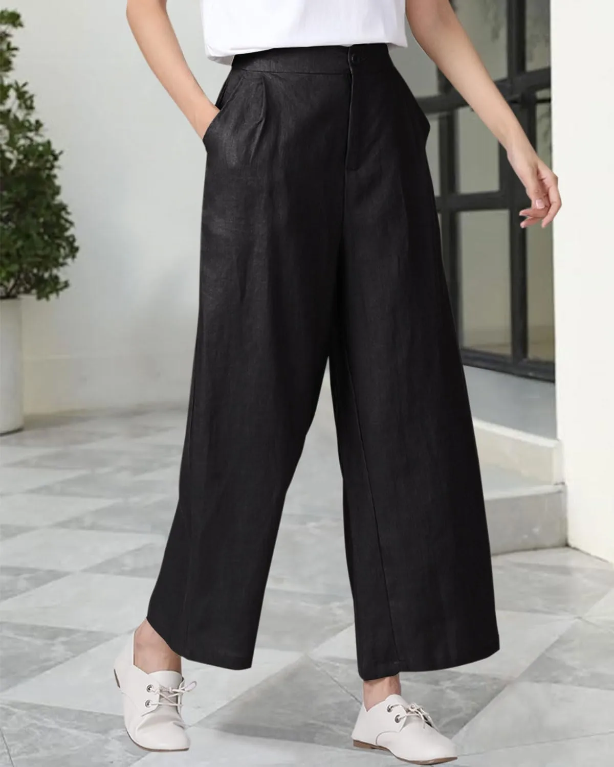 Women's 100% Linen Wide Leg Pants Summer Casual Cropped Palazzo Beach Pants Outfits 2025 Trendy