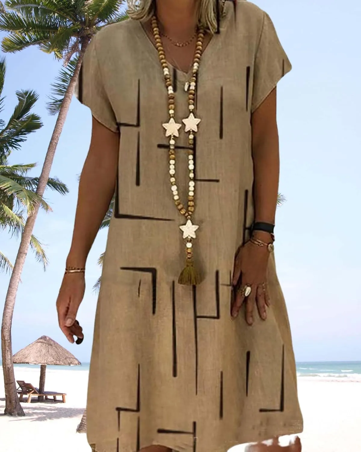 Womens Boho Floral Dresses Summer Casual V Neck Short Sleeve Midi Dresses Flowy Swing Knee Length Beach Sundress