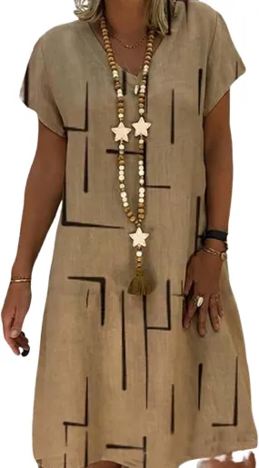 Womens Boho Floral Dresses Summer Casual V Neck Short Sleeve Midi Dresses Flowy Swing Knee Length Beach Sundress