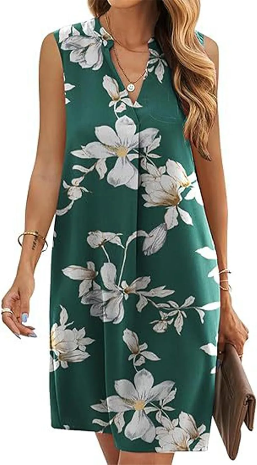 Womens Elegant Floral Print Sleeveless Tank Dresses 2025 Summer Casual V Neck Midi Shift Sundress Vacation Outfits