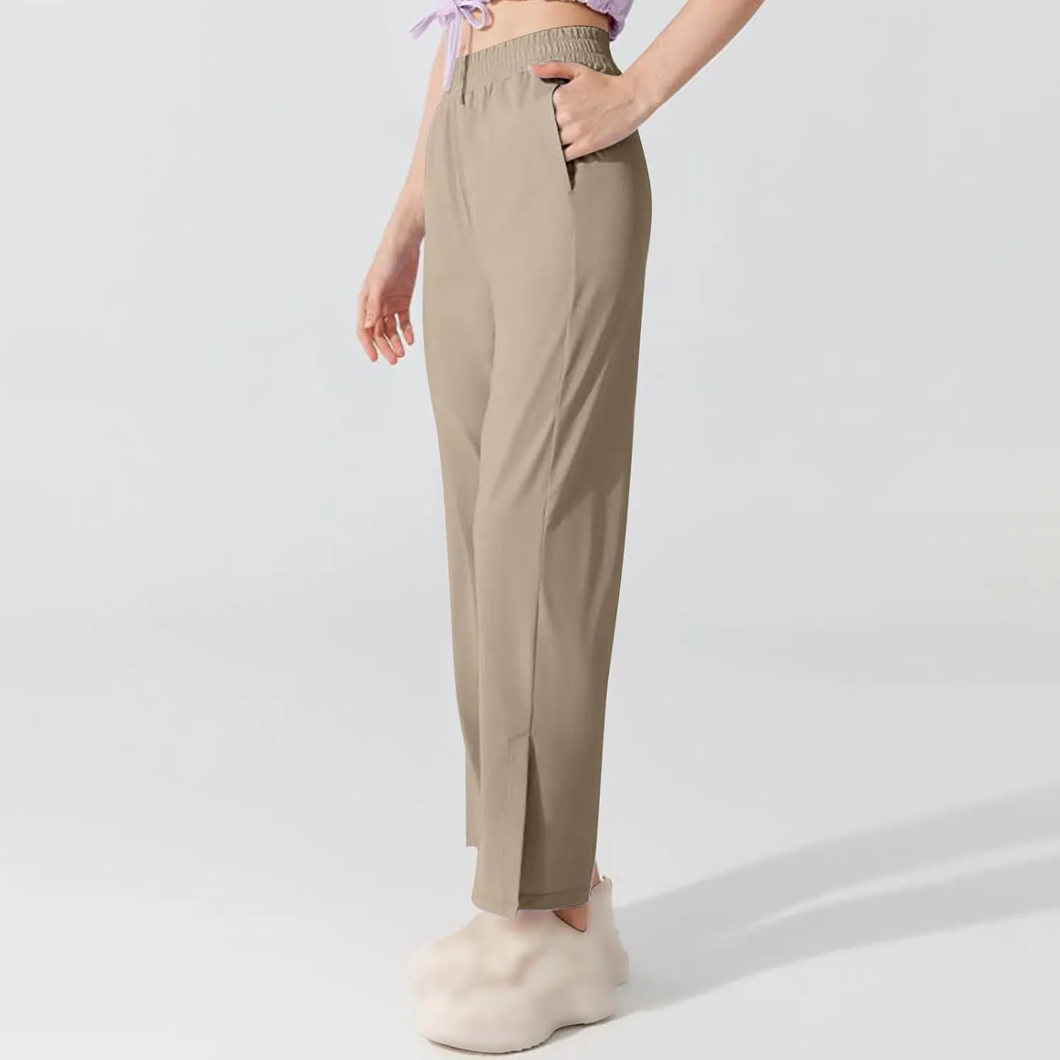 Womens Summer Athletic Pants Straight Leg Stretch Waisted Trousers with Pockets Breathable Loose Comfy Fitness Pant