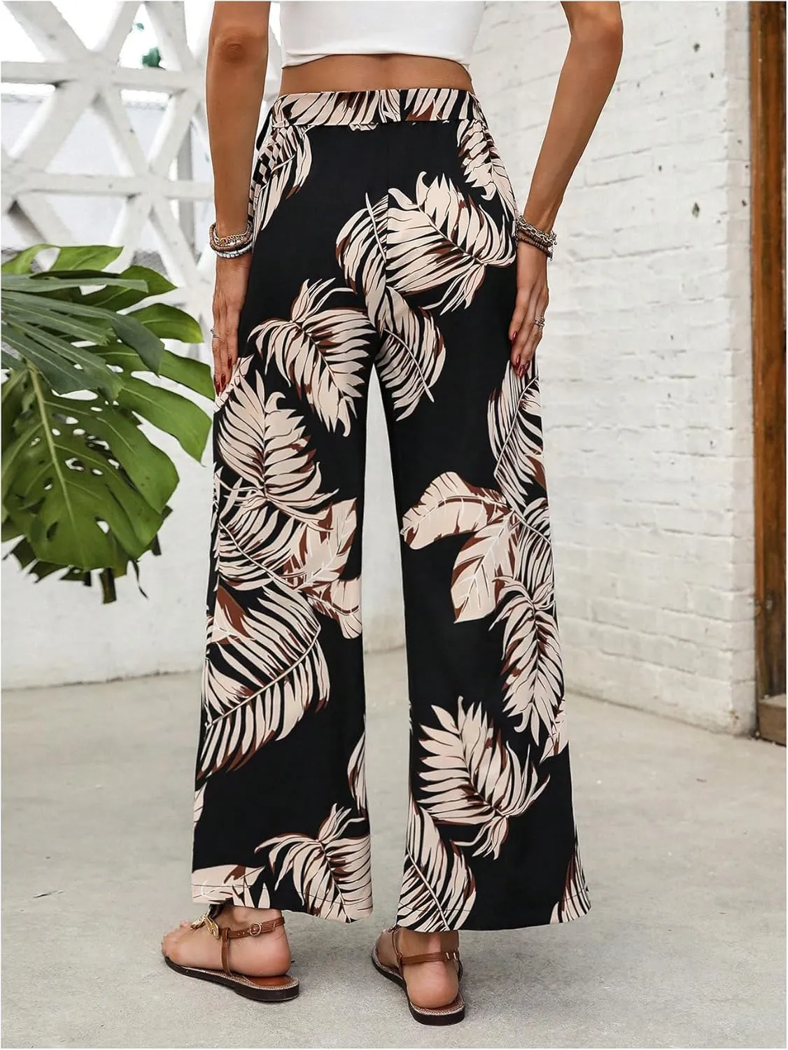 Women's Tropical Print Palazzo Pants Wide Leg Boho Elastic High Waist Vacation Long Trousers with Belt